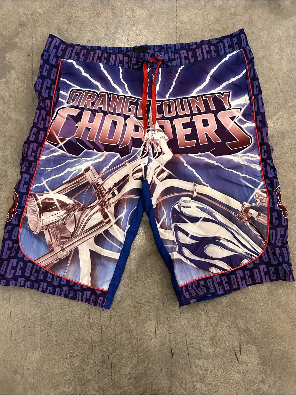 Y2K Orange County Choppers OCC Motorcycle Board Shorts Swim Trunks Blue